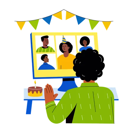 Boy doing virtual birthday celebration  Illustration