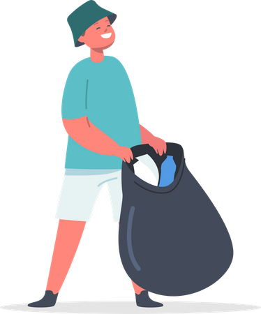 Boy doing volunteer work by cleaning garbage  Illustration