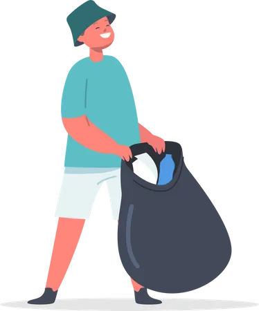 Boy doing volunteer work by cleaning garbage  Illustration