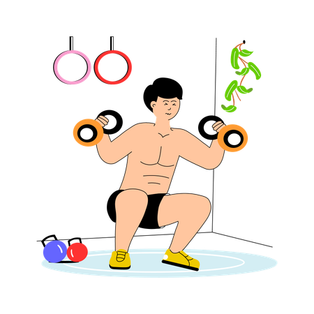 Boy doing weightlifting training using dumbbells  Illustration