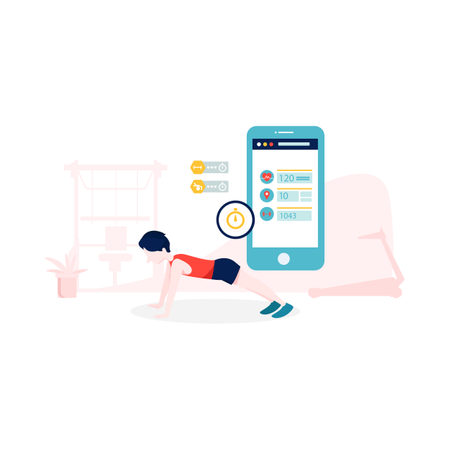 Boy doing workout and tracking it with smart gadgets  Illustration