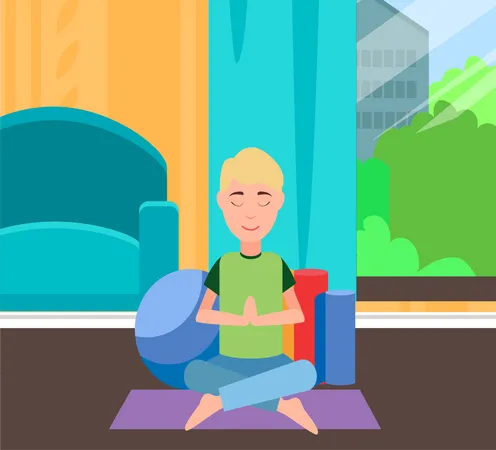 Yogi Sits In Lotus Position And Meditates Meditation Spiritual Practice Health Care Concept Young Man Resting And Doing Yoga Guy Doing Breathing Exercises Morning Yoga Relaxation At Home Illustration