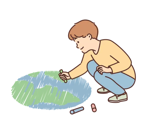 Boy drawing earth on floor  イラスト