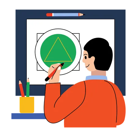Boy drawing inscribed triangle in maths class  Illustration