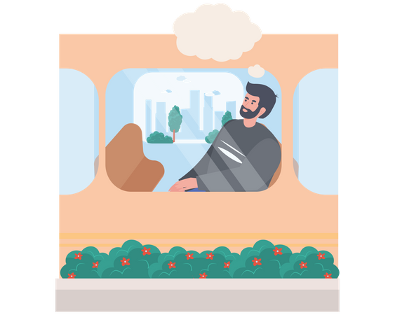 Boy dreaming while travelling in train Illustration