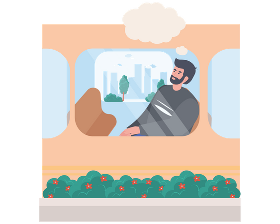 Boy dreaming while travelling in train  Illustration