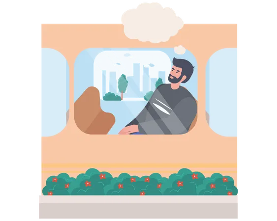 Boy dreaming while travelling in train  Illustration