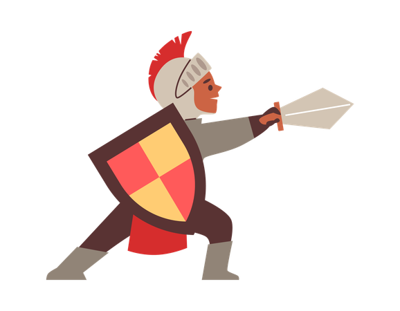 Boy dressed as knight in armour with shield and sword  Illustration