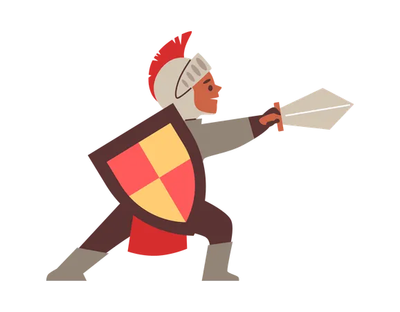 Boy dressed as knight in armour with shield and sword  Illustration