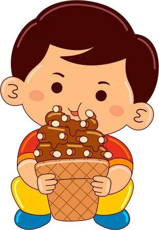 Boy drinking coffee almond ice cream cone  Illustration