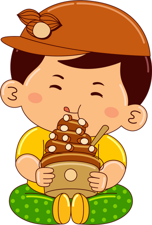 Boy drinking coffee almond ice cream cup  Illustration