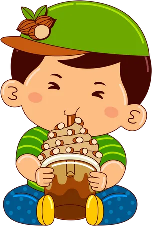 Boy drinking coffee almond ice cream float  Illustration