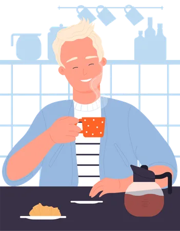 Boy drinking hot coffee  Illustration