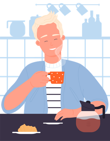 Boy drinking hot coffee  Illustration