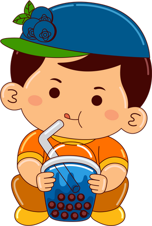 Boy drinking iced blueberry bubble tea  Illustration