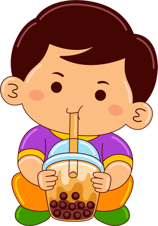 Boy drinking iced brown sugar bubble milk tea  Illustration