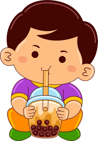 Boy drinking iced brown sugar bubble milk tea  イラスト