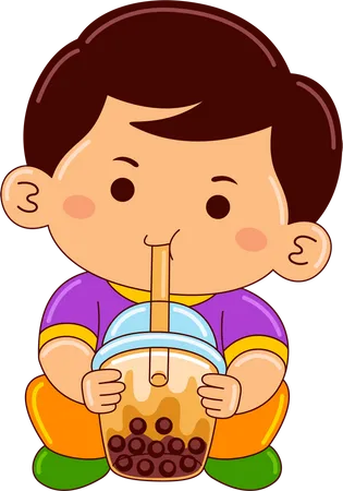 Boy drinking iced brown sugar bubble milk tea  Illustration