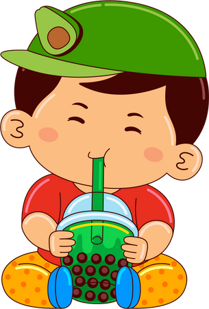 Boy drinking iced bubble avocado tea  Illustration