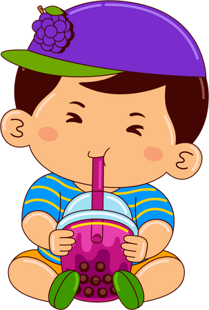 Boy drinking iced bubble grape tea  일러스트레이션