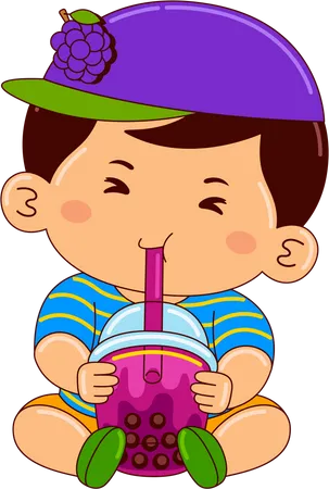 Boy drinking iced bubble grape tea  일러스트레이션