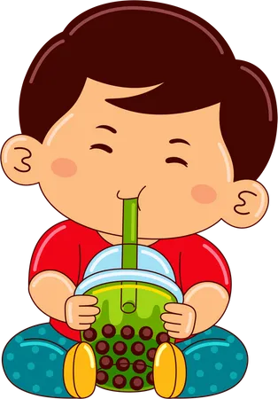 Boy drinking iced bubble green tea  Illustration