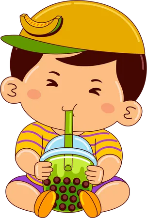 Boy drinking iced bubble honeydew tea  Illustration