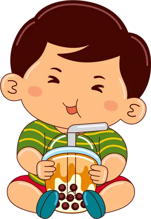 Boy drinking iced bubble milk tea  Illustration