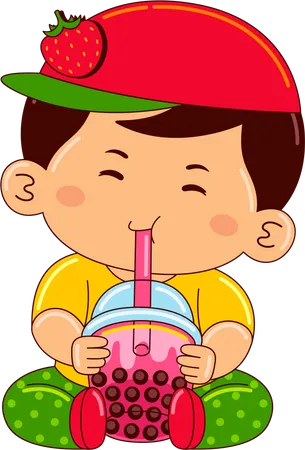 Boy drinking iced bubble strawberry tea  Illustration