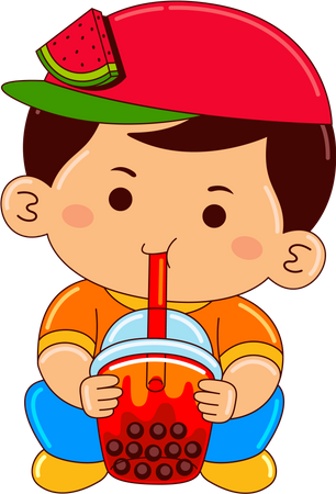 Boy drinking iced bubble watermelon tea  イラスト