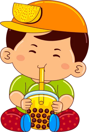 Boy drinking iced buble lemon tea  Illustration