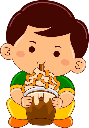 Boy drinking iced caramel frappucino  イラスト