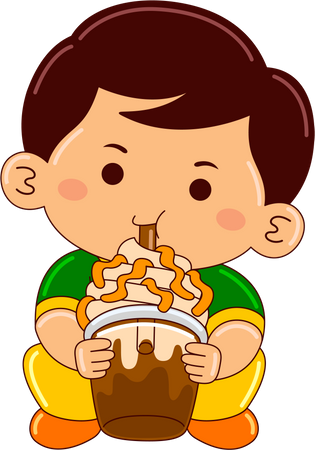 Boy drinking iced caramel frappucino  Illustration