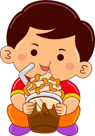 Boy drinking iced caramel macchiato  Illustration