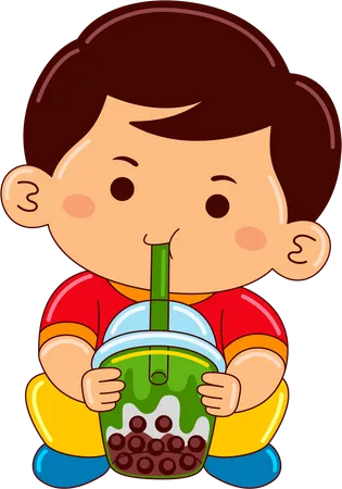 Boy drinking iced matcha bubble tea  Illustration