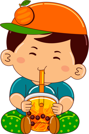 Boy drinking iced orange bubble tea  Illustration