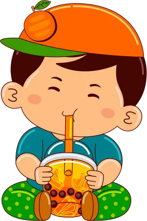 Boy drinking iced orange bubble tea  イラスト