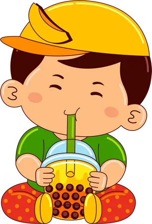 Boy drinking iced peach bubble tea  Illustration