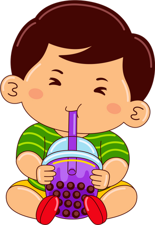 Boy drinking iced taro bubble tea  Illustration