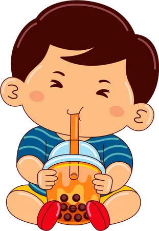 Boy drinking iced thai bubble tea  Illustration