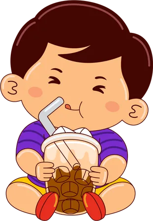 Boy drinking iced vanilla latte  イラスト