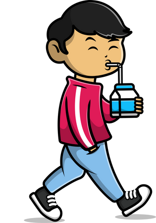 Boy drinking juice while walking Illustration