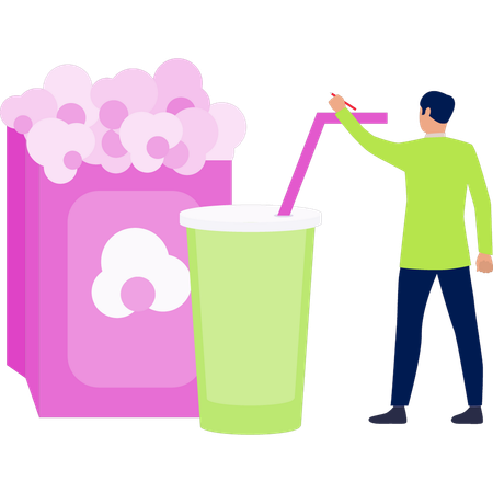 Boy drinking juice with popcorn  Illustration