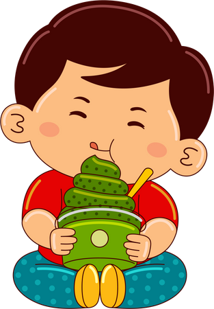 Boy drinking matcha ice cream cup  Illustration