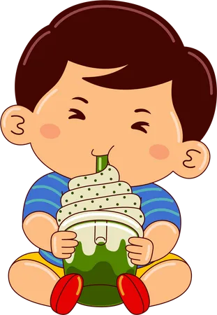 Boy drinking matcha ice cream float  Illustration
