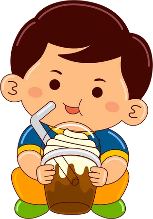 Boy drinking tiramisu ice cream float  イラスト
