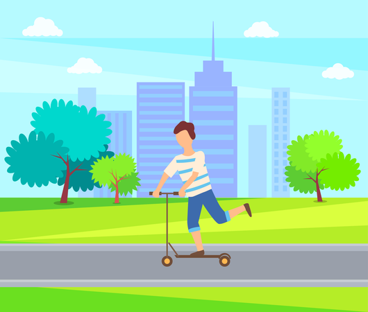 Boy driving push scooter  Illustration
