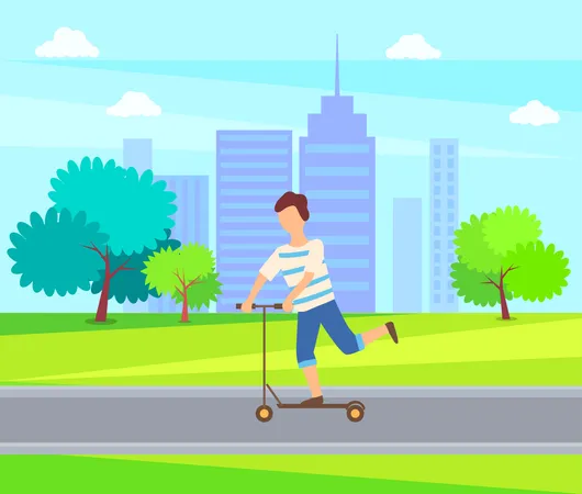 Boy driving push scooter  Illustration