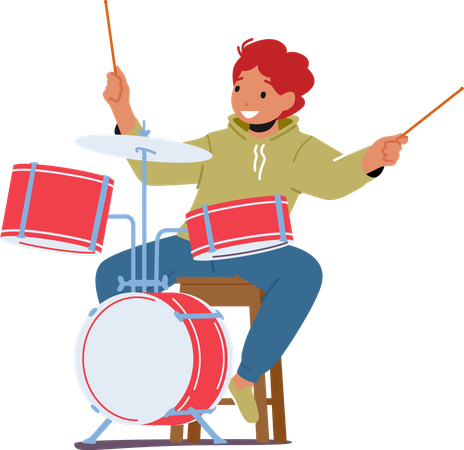 Boy Drummer Playing Musical Composition  Illustration