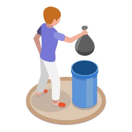 Boy dumping waste into garbage bin  Illustration